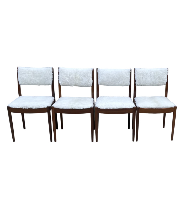 Four Mid Century Teak, Low Back, Dining Chairs, Upholstered In Natural ShearlingSheepskin