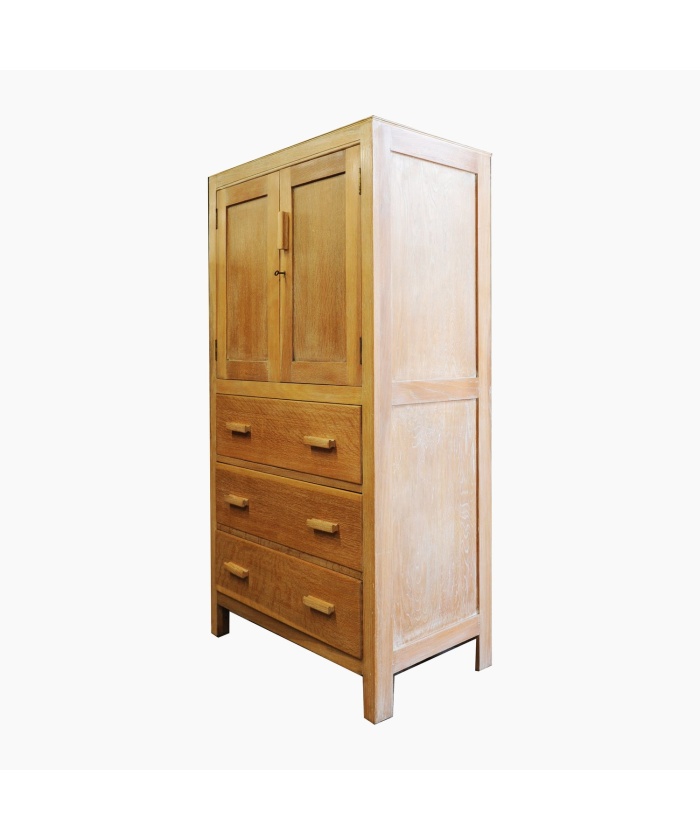 Limed Vintage Oak Tall Cabinet With Top Cupboard & Drawers, 1930s