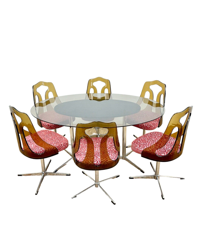Mid Century Smoked Perspex Chairs & Glass Table