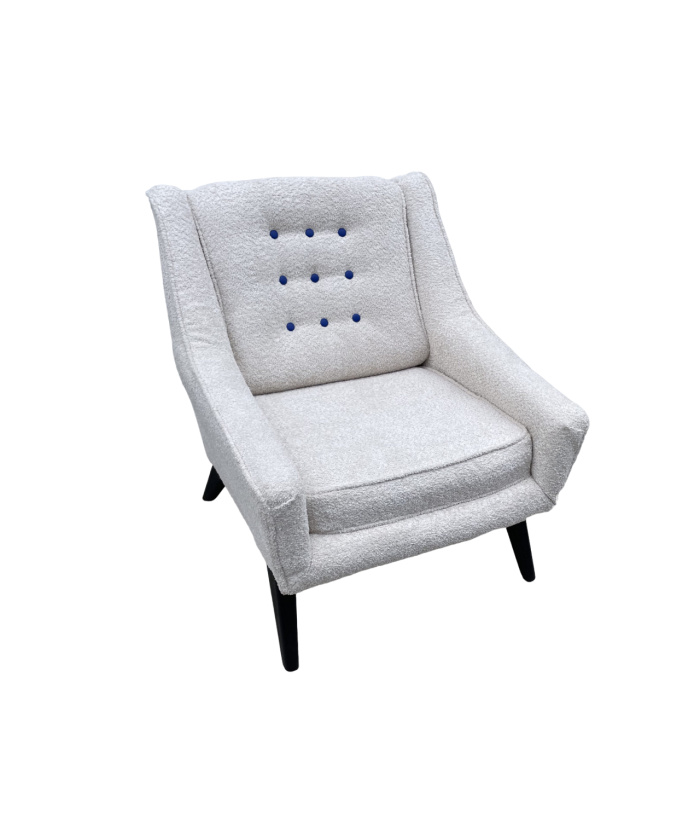 1950's G Plan, E Gomme, Easy Arm Chair, Newly Upholstered In Oyster White Boucle Fabric And Royal Blue Buttoning