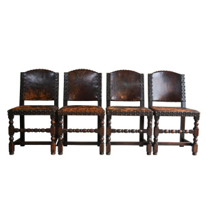 4 Antique Cromwellian Style Leather Oak Dining Chairs