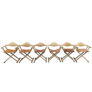 A Set Of 6, 1980's David Colwell, C2 Folding, Directors Chairs, Steam Bent Ash And Tan Leather