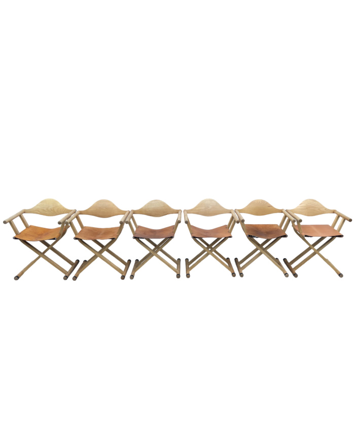 A Set Of 6, 1980's David Colwell, C2 Folding, Directors Chairs, Steam Bent Ash And Tan Leather