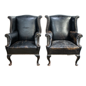 Pair of Black Leather Wingback Armchairs