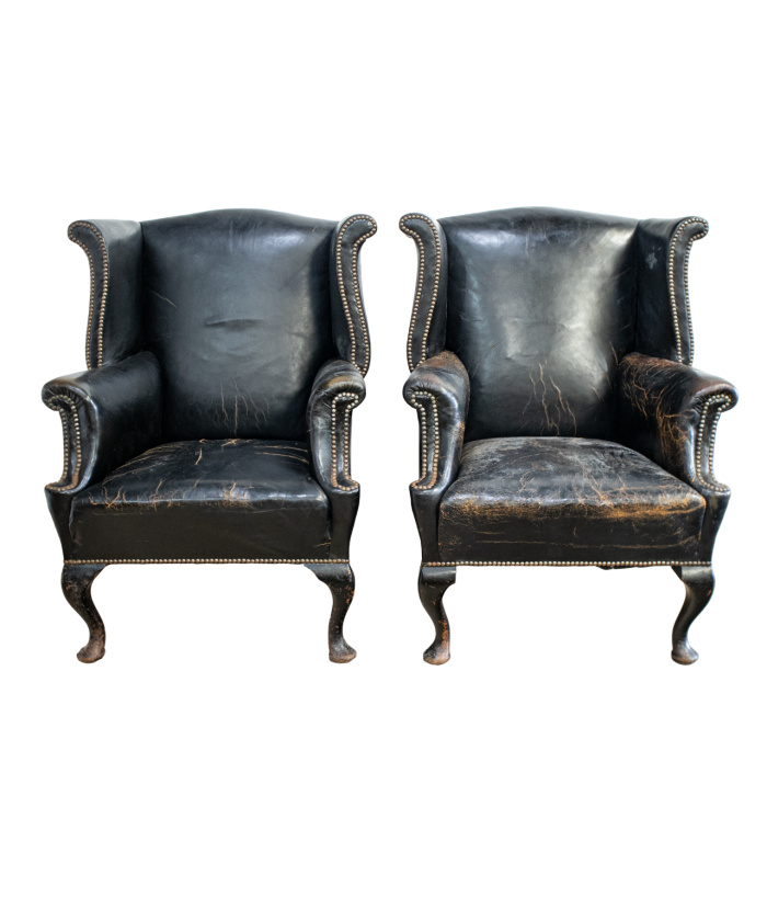 Pair of Black Leather Wingback Armchairs