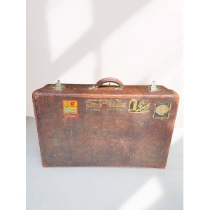 VintageAntique Large Heavy Tan Leather Suitcase Stamped Army And Navy London With Stickers Circa 1930