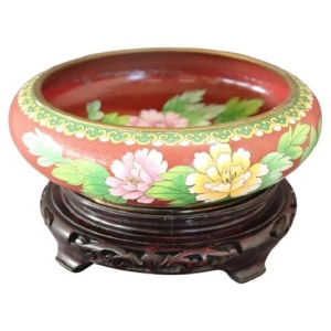 Cloisonne Bowl on Wooden Stand, 1980s