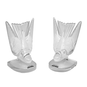 Pair of Art Decò Crystal Swallows Bookends by Lalique "Hirondelles" France 1980s