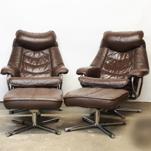 Pair of Norwegian Lounge Chairs with Footstools in Brown Leather by Skoghaus Industri, 1960s, Set of 2