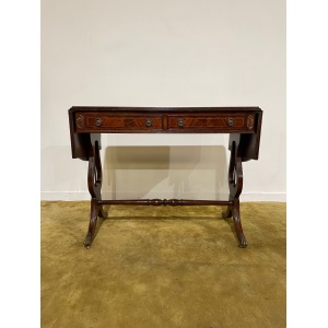 Reproduction mahogany two drawer drop leaf sofa table with lyre supports