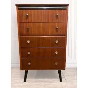 Vintage 1960's Mid century Lebus Mahogany chest of five drawers elevated on four retro black legs
