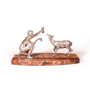 Art Deco Silvered Bronze Of Lady Feeding Deer By D’Arte C1930
